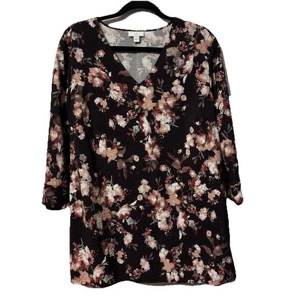 J Jill Blouse Top Size XL Petite Floral V Neck 3/4 Sleeve Slits Tunic Classy - Picture 1 of 6